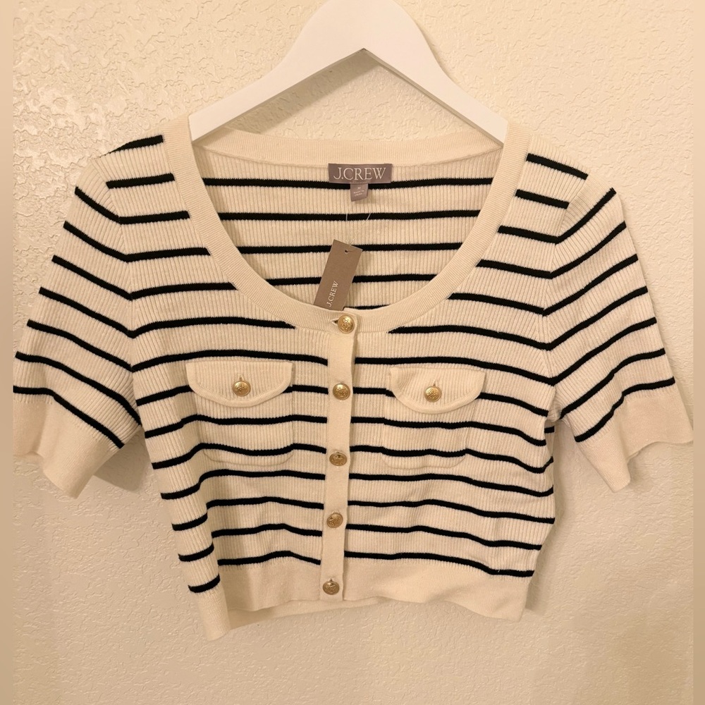 New W/ Tags Cropped J Crew Cardigan, White/Black Stripes, Gold Buttons, Size M